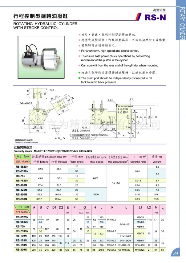 佳贺中实高速短型行程控制型回转油压缸 RS-N